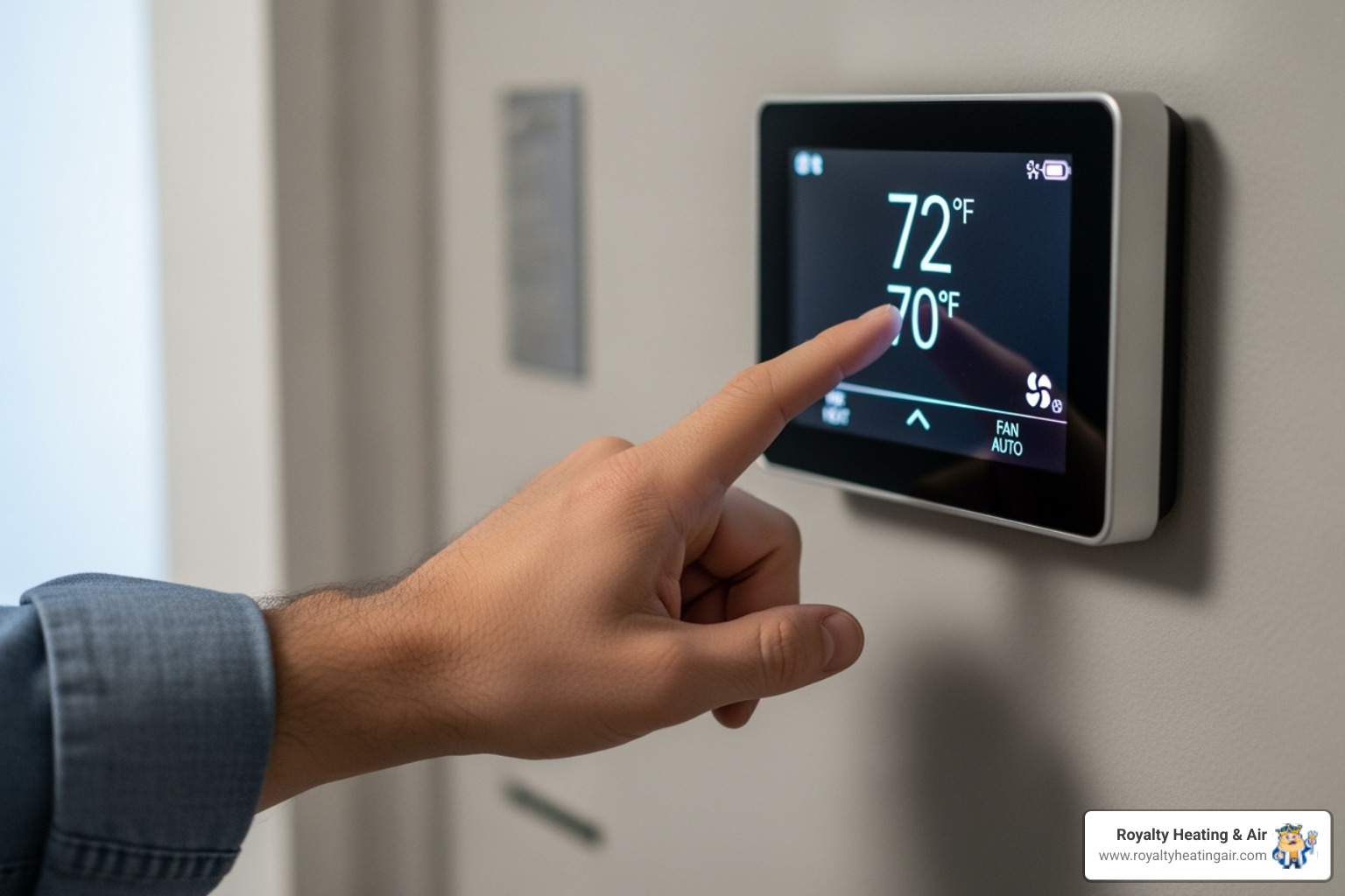 Person adjusting a digital thermostat - Electric furnace troubleshooting