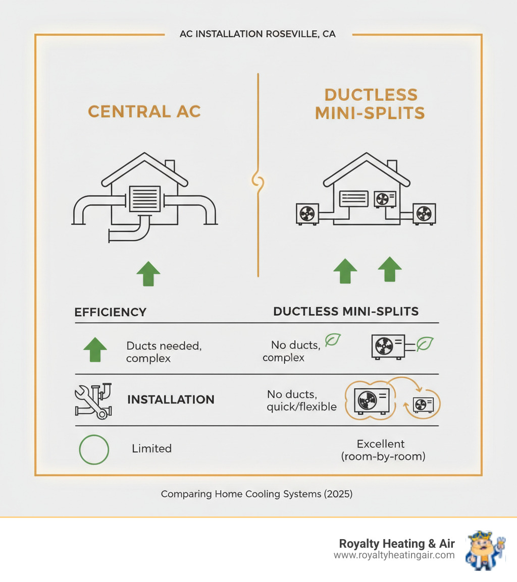 Table comparing Central AC and Ductless Mini-Splits on efficiency, installation, and zoning - ac installation roseville ca infographic 