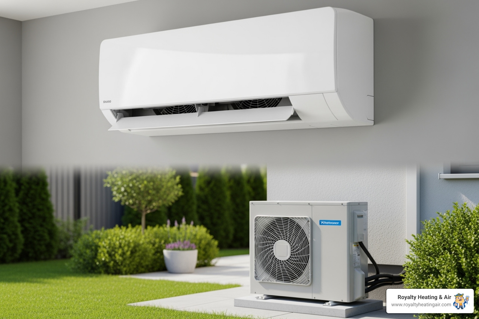 Image showing a sleek ductless mini-split unit on a wall and an outdoor central AC unit - ac installation roseville ca