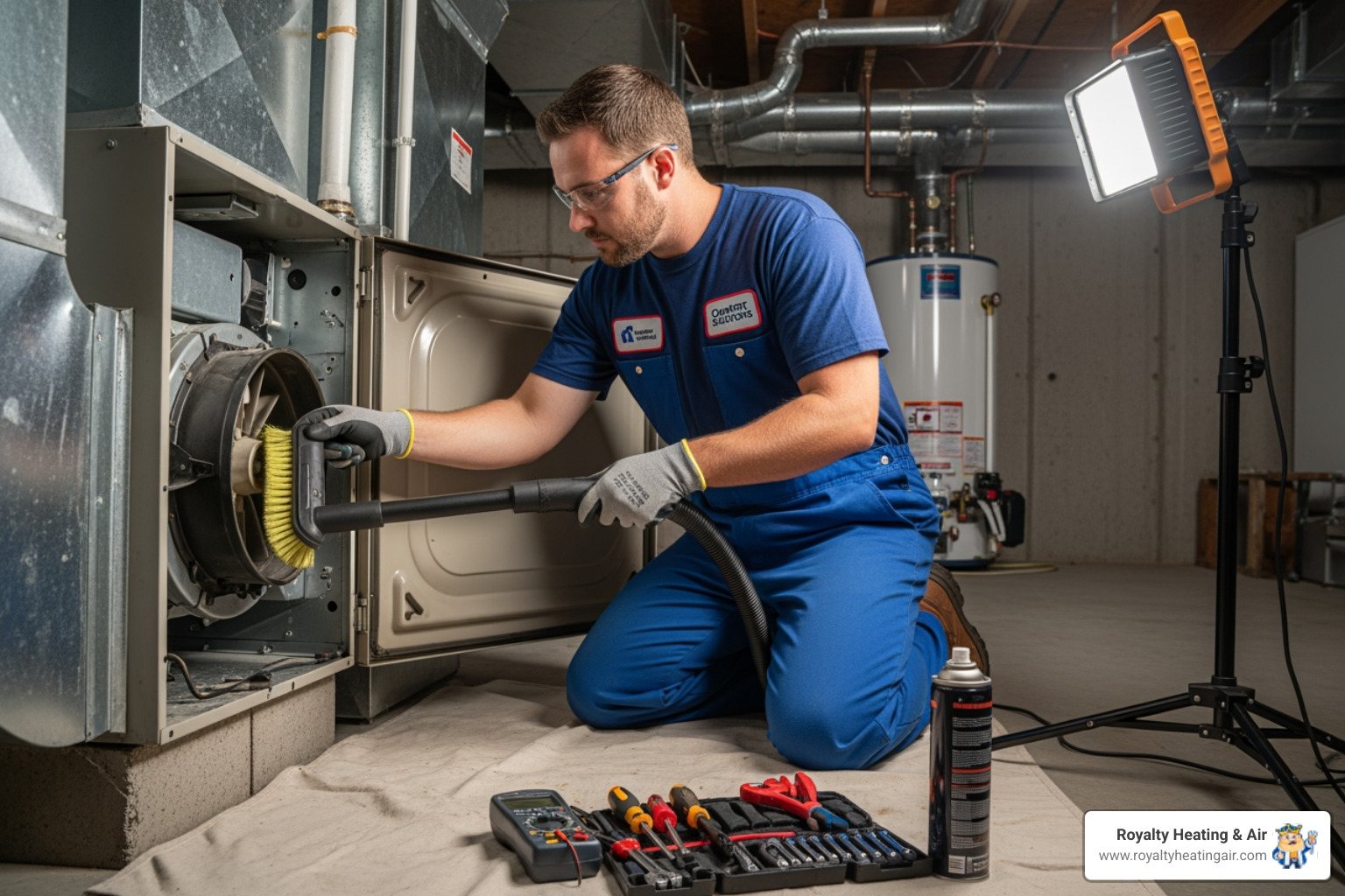 technician cleaning a furnace blower assembly - "My furnace is making a loud humming noise but no air is coming out. Find me a technician near Roseville who can fix a furnace blower motor."