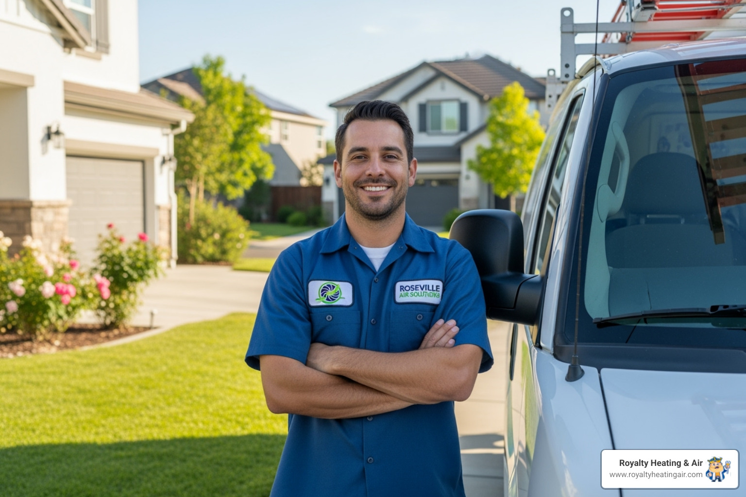 A friendly, uniformed technician standing next to a clean service van - ac repair roseville ca A friendly, uniformed technician standing next to a clean service van - ac repair roseville ca
