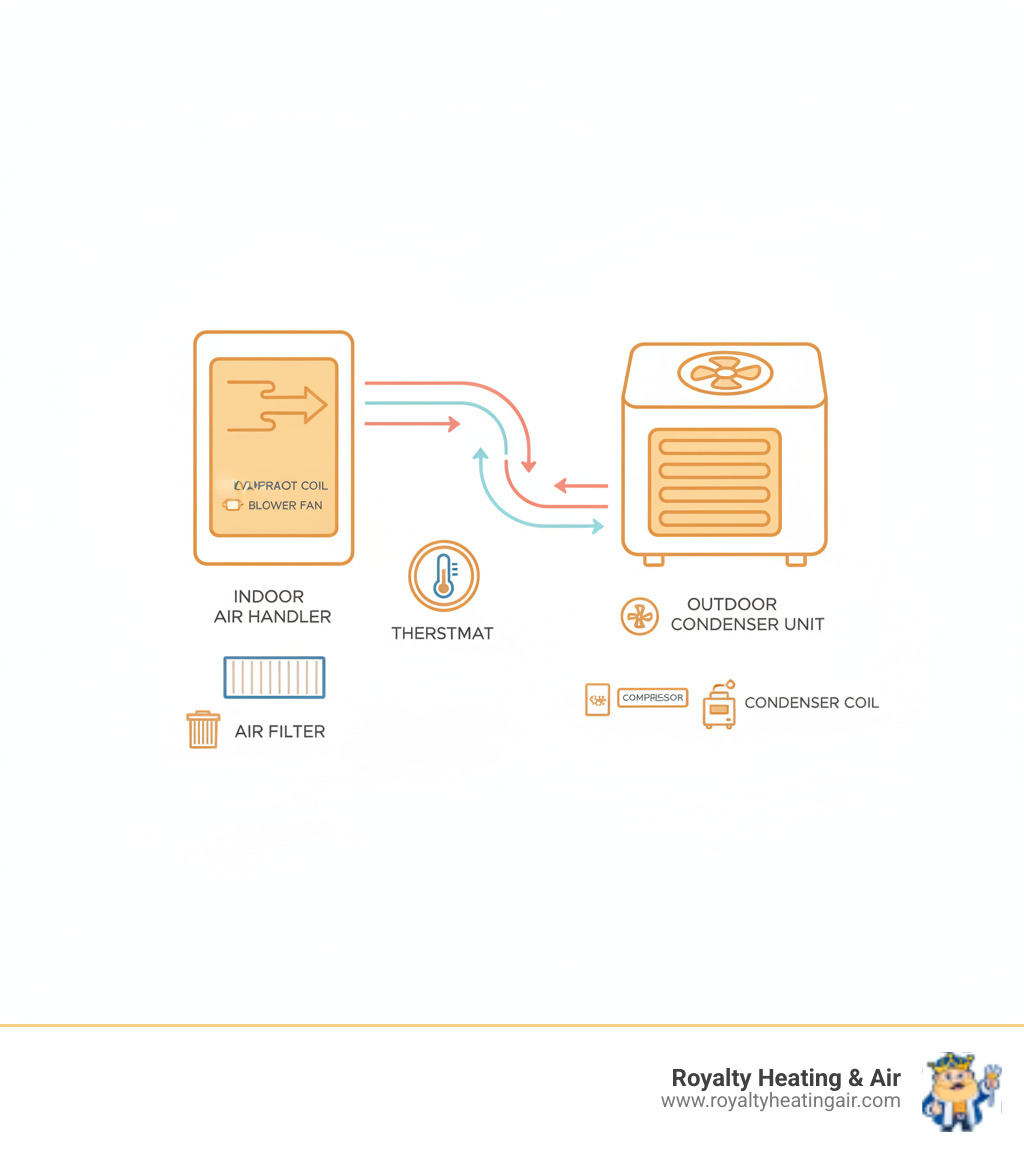 Infographic showing the main components of a residential AC system: outdoor condenser unit with compressor and condenser coil, indoor air handler with evaporator coil and blower, refrigerant lines connecting the two units, thermostat for temperature control, and air filter for indoor air quality - ac repair roseville ca infographic Infographic showing the main components of a residential AC system: outdoor condenser unit with compressor and condenser coil, indoor air handler with evaporator coil and blower, refrigerant lines connecting the two units, thermostat for temperature control, and air filter for indoor air quality - ac repair roseville ca infographic