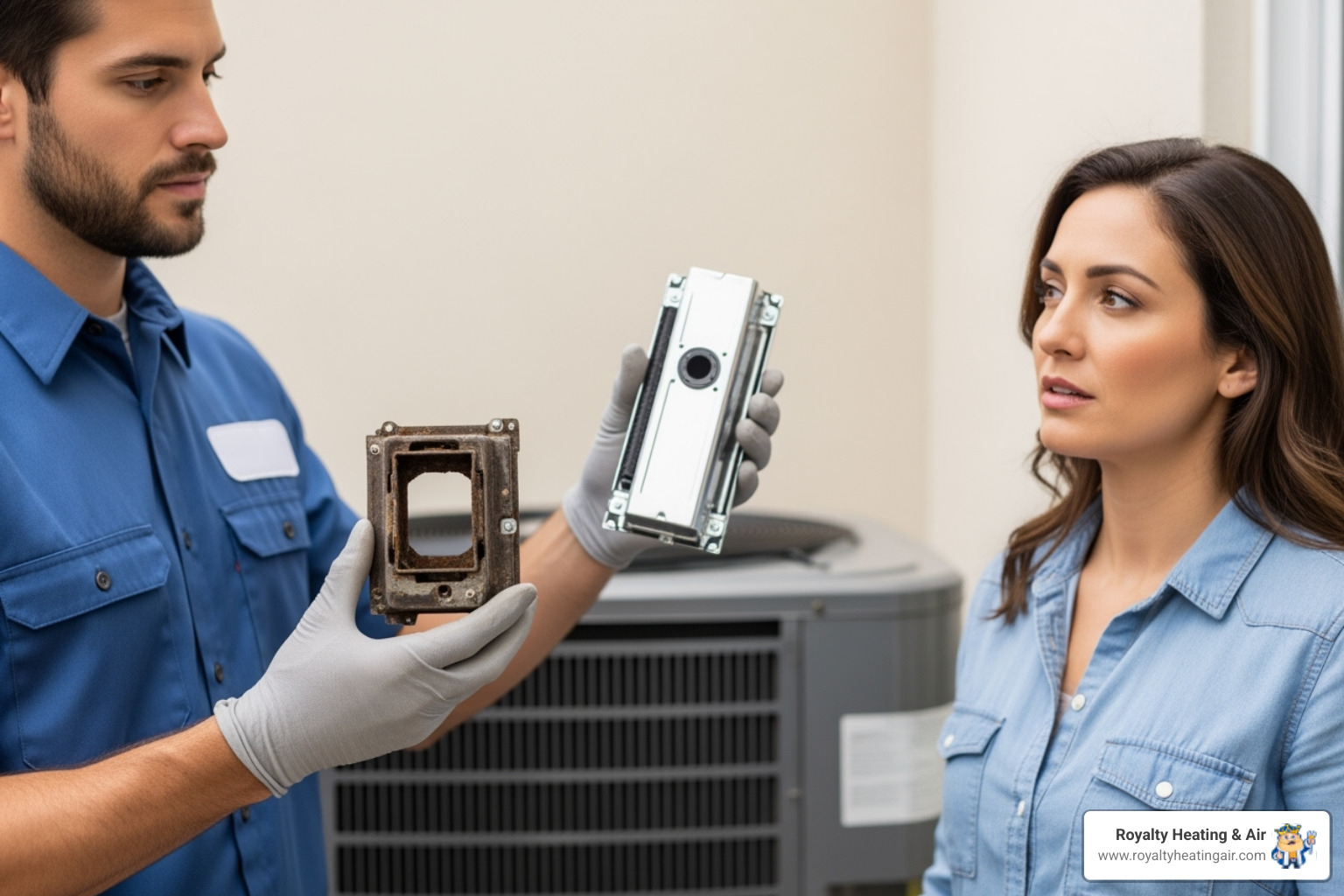A technician showing a homeowner an old, corroded AC part next to a new one - ac repair roseville ca A technician showing a homeowner an old, corroded AC part next to a new one - ac repair roseville ca