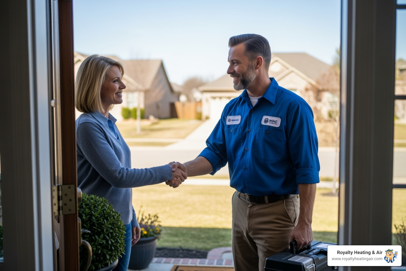 A friendly, uniformed technician shaking hands with a smiling homeowner at their front door - hvac maintenance granite bay ca A friendly, uniformed technician shaking hands with a smiling homeowner at their front door - hvac maintenance granite bay ca