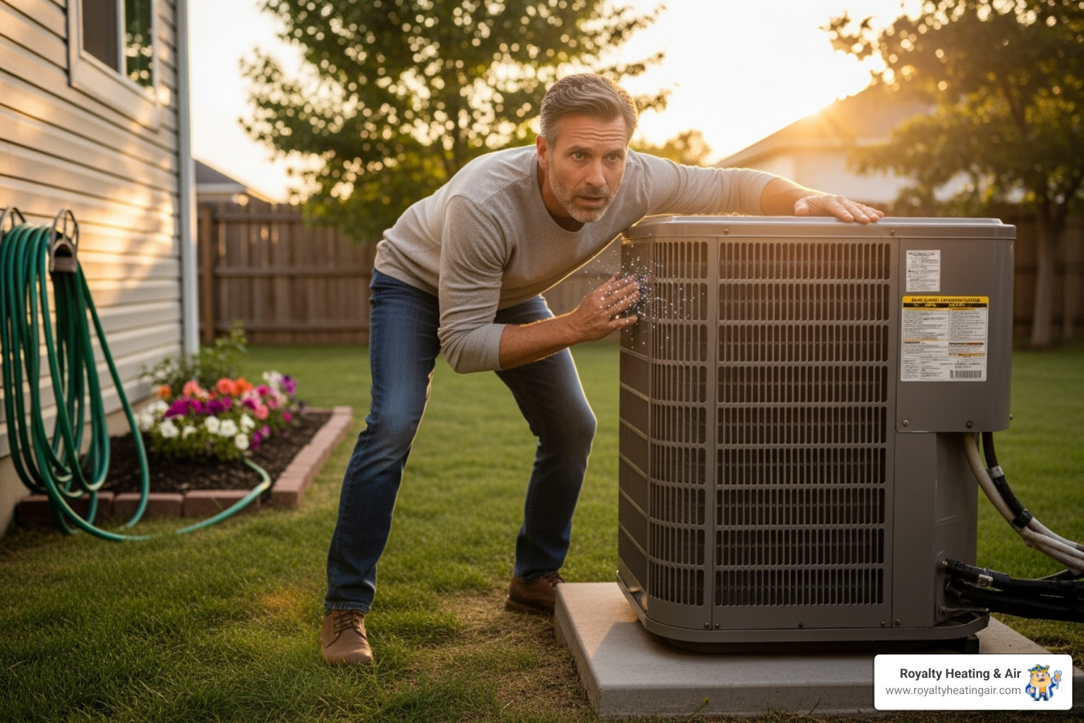 A homeowner looking concerned while listening to a noisy outdoor AC unit - hvac maintenance granite bay ca A homeowner looking concerned while listening to a noisy outdoor AC unit - hvac maintenance granite bay ca