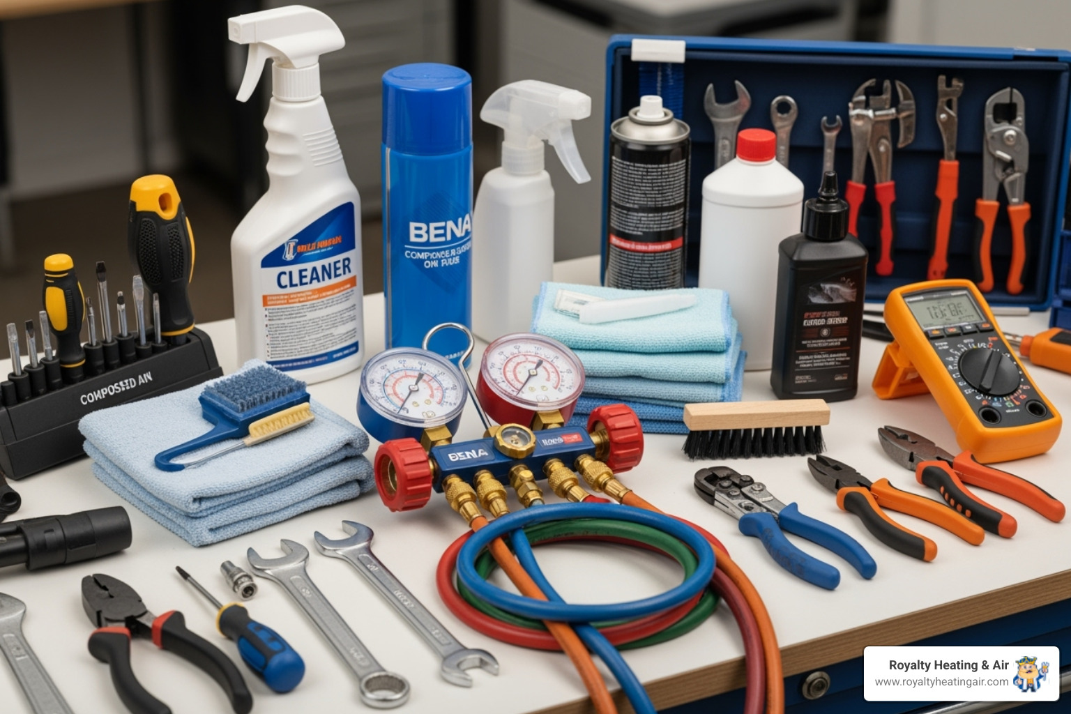 A technician's toolkit with gauges and cleaning supplies - hvac maintenance granite bay ca A technician's toolkit with gauges and cleaning supplies - hvac maintenance granite bay ca