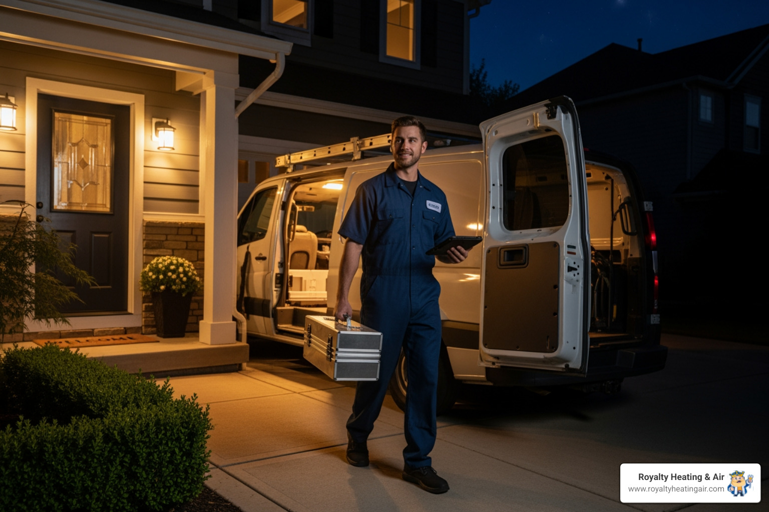 a friendly HVAC technician arriving at a home at night - "My furnace is blowing cold air. What are some emergency HVAC services I can call in the Roseville area?" a friendly HVAC technician arriving at a home at night - "My furnace is blowing cold air. What are some emergency HVAC services I can call in the Roseville area?"