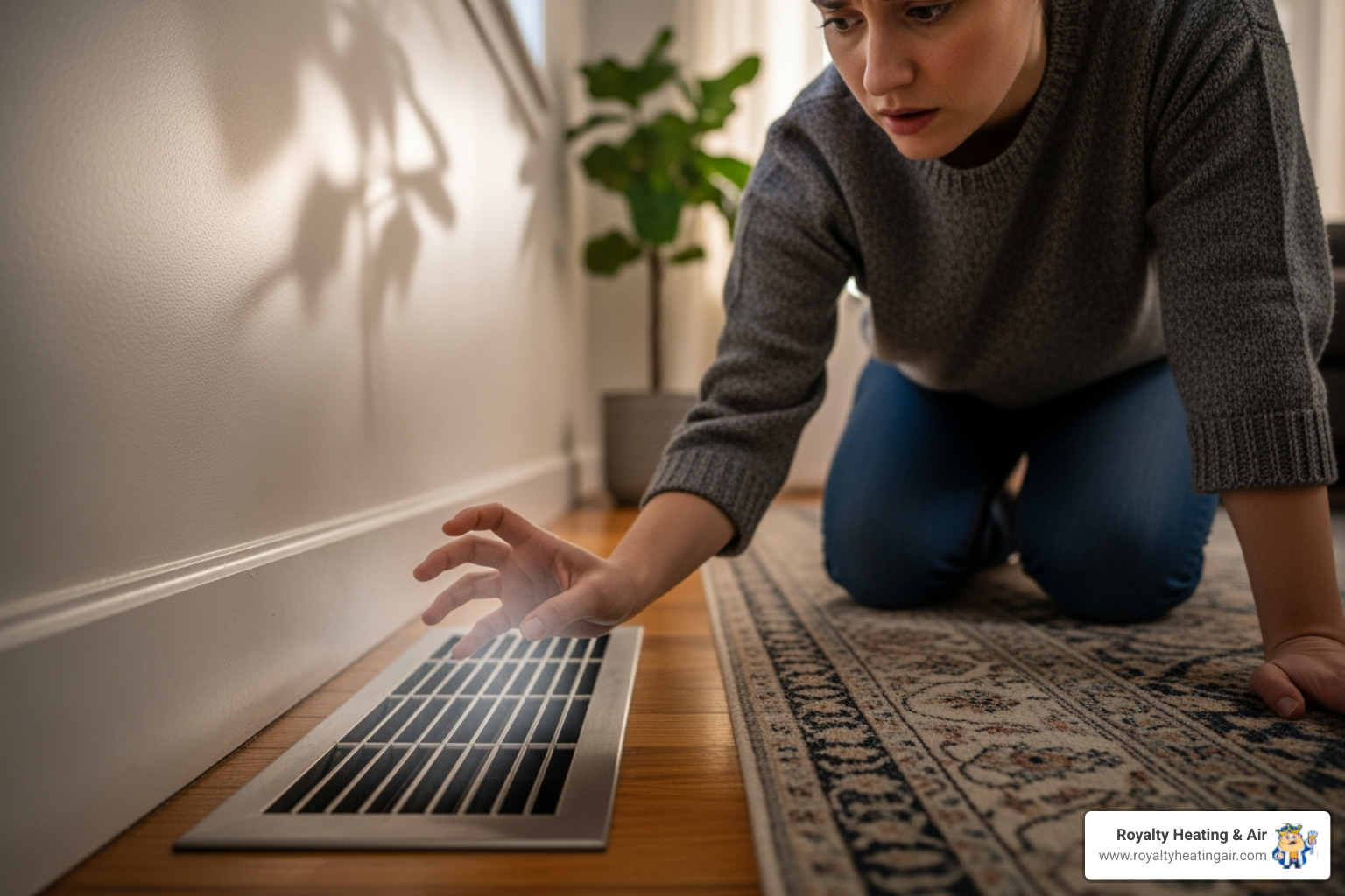 a homeowner feeling cold air from a floor vent - "My furnace is blowing cold air. What are some emergency HVAC services I can call in the Roseville area?" a homeowner feeling cold air from a floor vent - "My furnace is blowing cold air. What are some emergency HVAC services I can call in the Roseville area?"