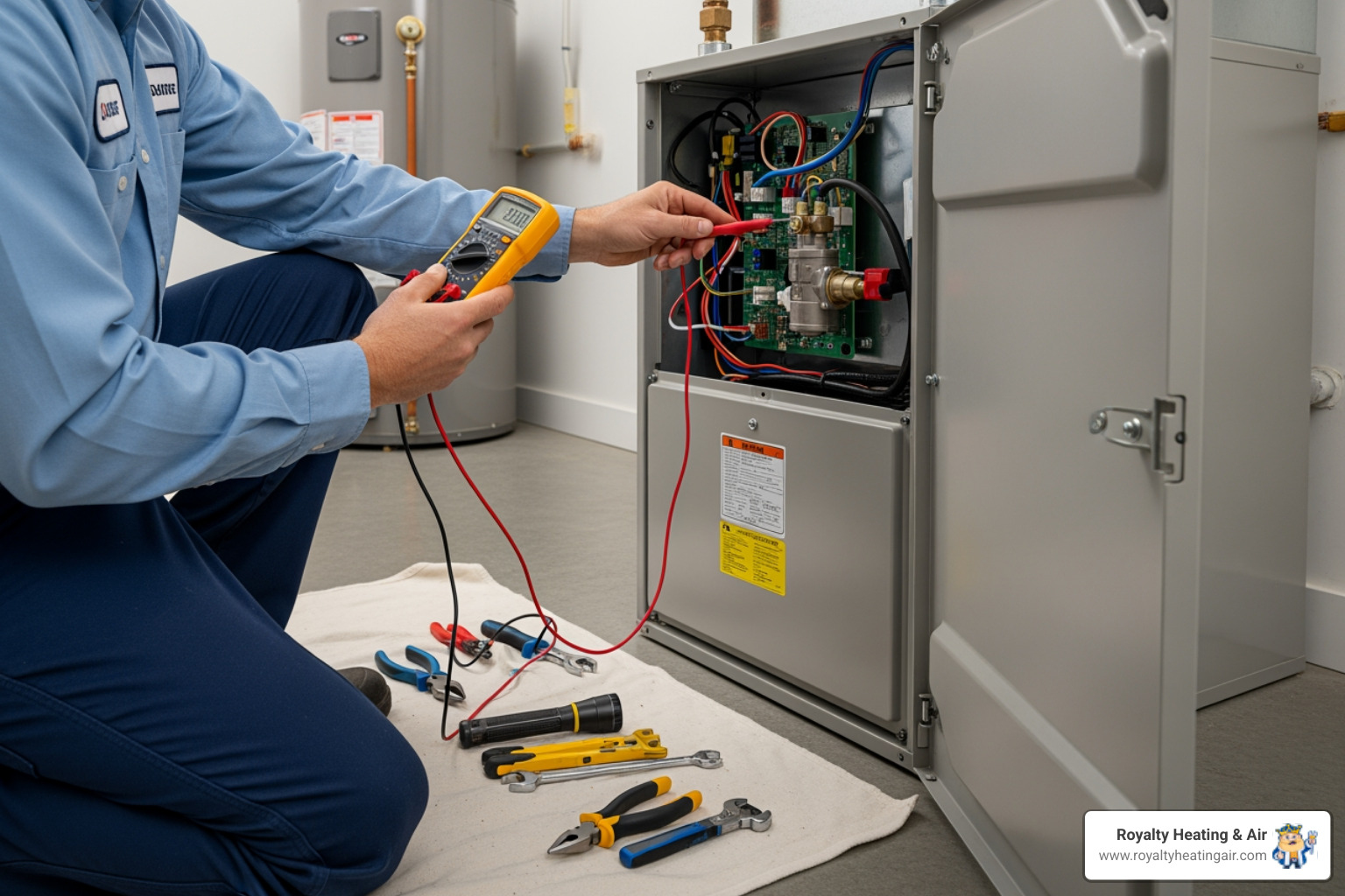 a technician performing a furnace tune-up - "My furnace is blowing cold air. What are some emergency HVAC services I can call in the Roseville area?" a technician performing a furnace tune-up - "My furnace is blowing cold air. What are some emergency HVAC services I can call in the Roseville area?"