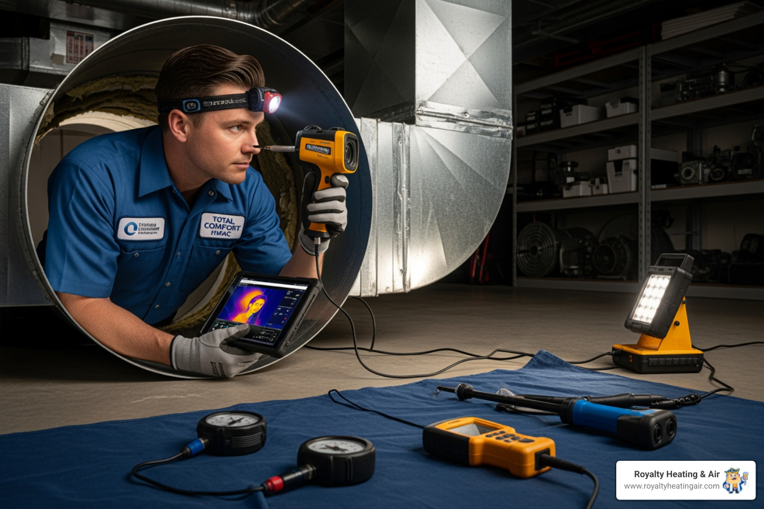 Technician performing a system inspection with specialized tools - certified duct technician in auburn, ca Technician performing a system inspection with specialized tools - certified duct technician in auburn, ca