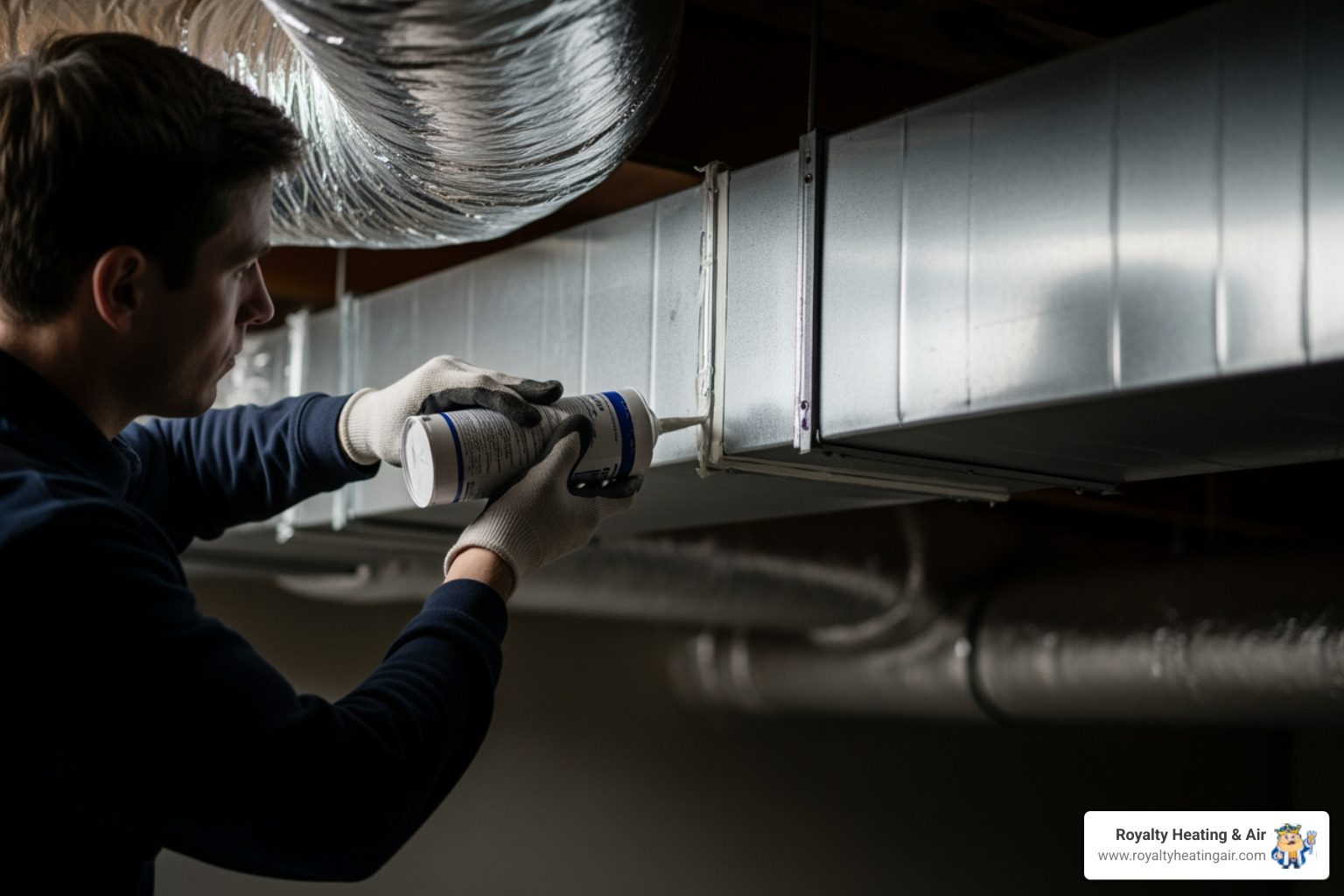 technician applying mastic sealant to a duct joint - duct broken in el dorado hills, ca