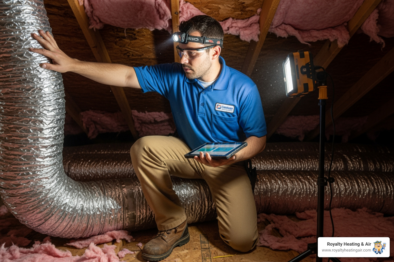 technician inspecting ductwork in an attic - duct tune-up in folsom, ca technician inspecting ductwork in an attic - duct tune-up in folsom, ca