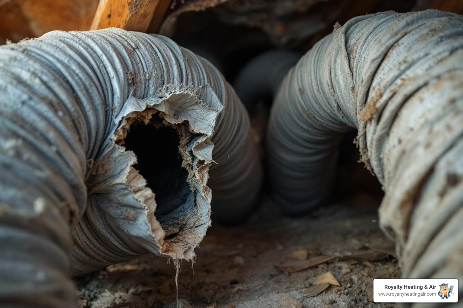 Old, torn, or crushed flexible ductwork in an attic - duct upgrade in granite bay, ca