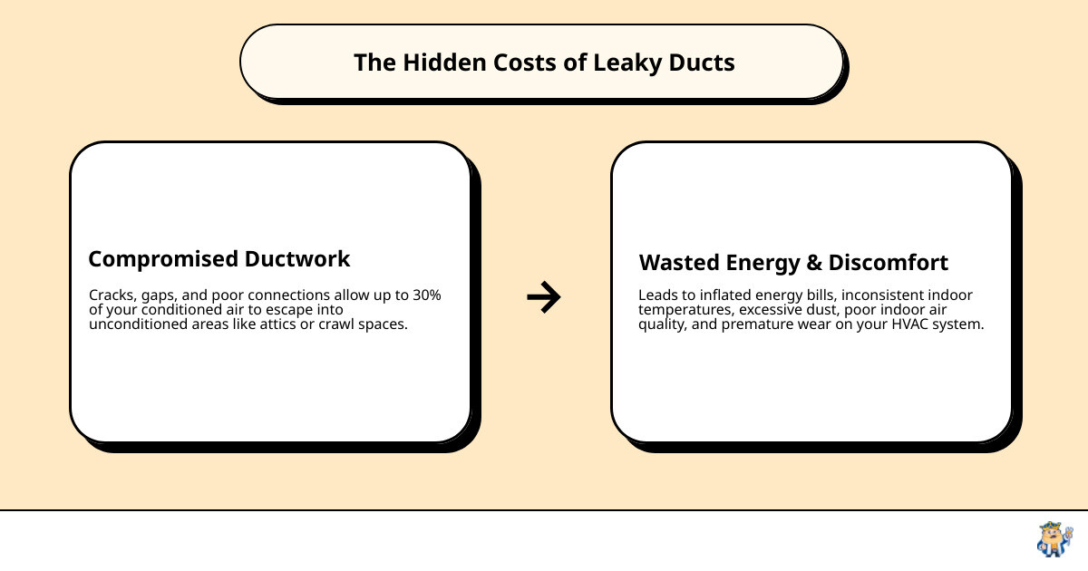 Infographic showing how leaky ductwork causes up to 30% air loss, higher energy bills, uneven temperatures, increased dust and allergens, and excessive HVAC system strain, with visual indicators of where duct leaks commonly occur in attics and crawl spaces - duct upgrade in granite bay, ca infographic cause_effect_text