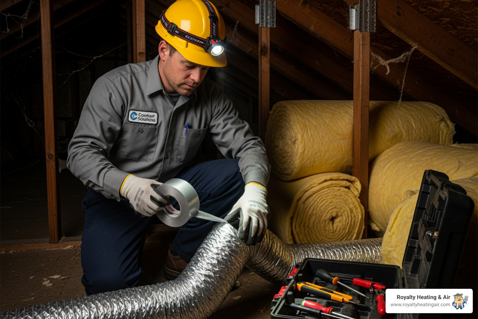 technician repairing disconnected duct in attic - 24 hour duct service in roseville, ca
