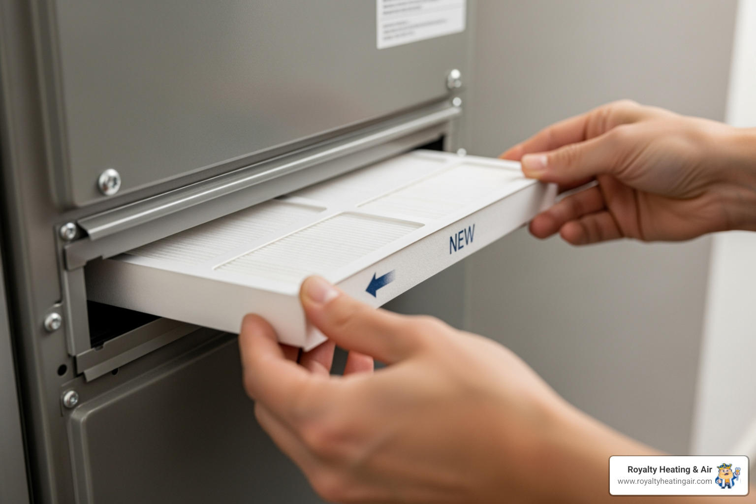 Person sliding a new, clean air filter into a furnace - heating blowing cold air in auburn, ca