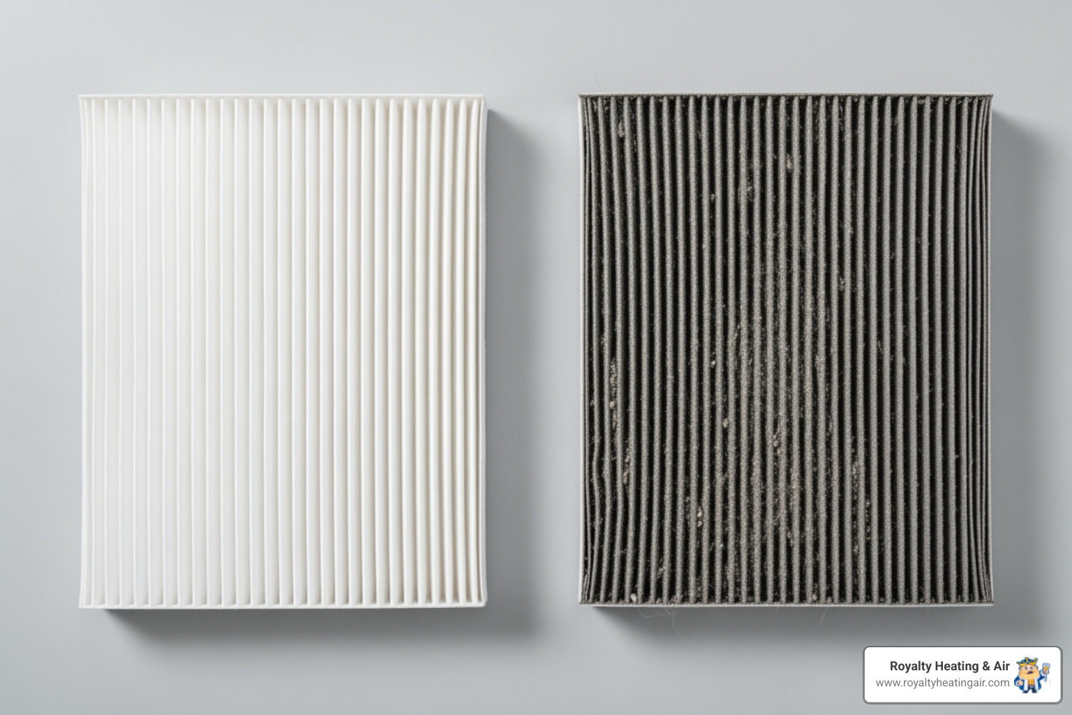 a side-by-side comparison of a new, clean air filter and a heavily soiled, dirty air filter - heating blowing cold air in folsom, ca