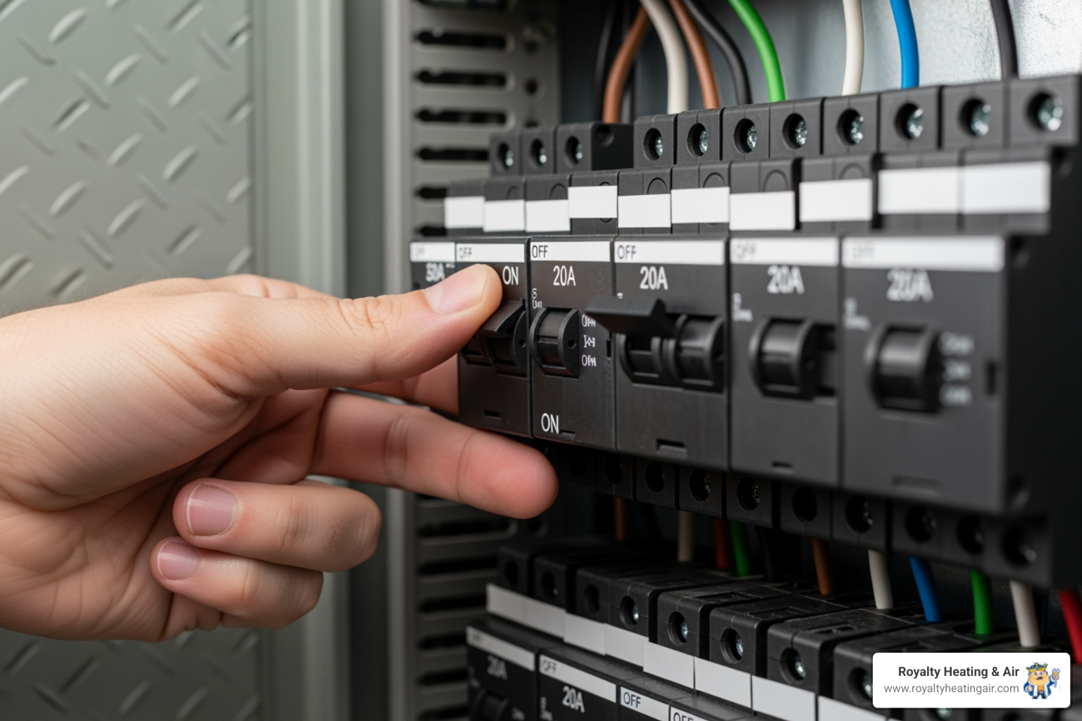 a homeowner's hand flipping a circuit breaker switch in a home's electrical panel - heating blowing cold air in folsom, ca