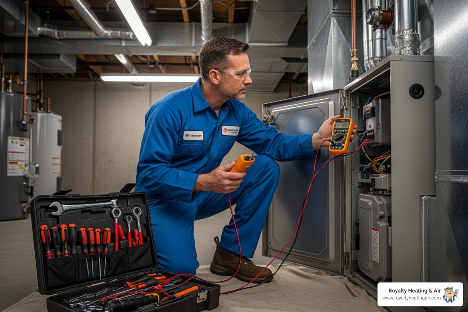 an HVAC technician performing a maintenance check on a furnace unit, with tools and safety glasses - heating blowing cold air in folsom, ca