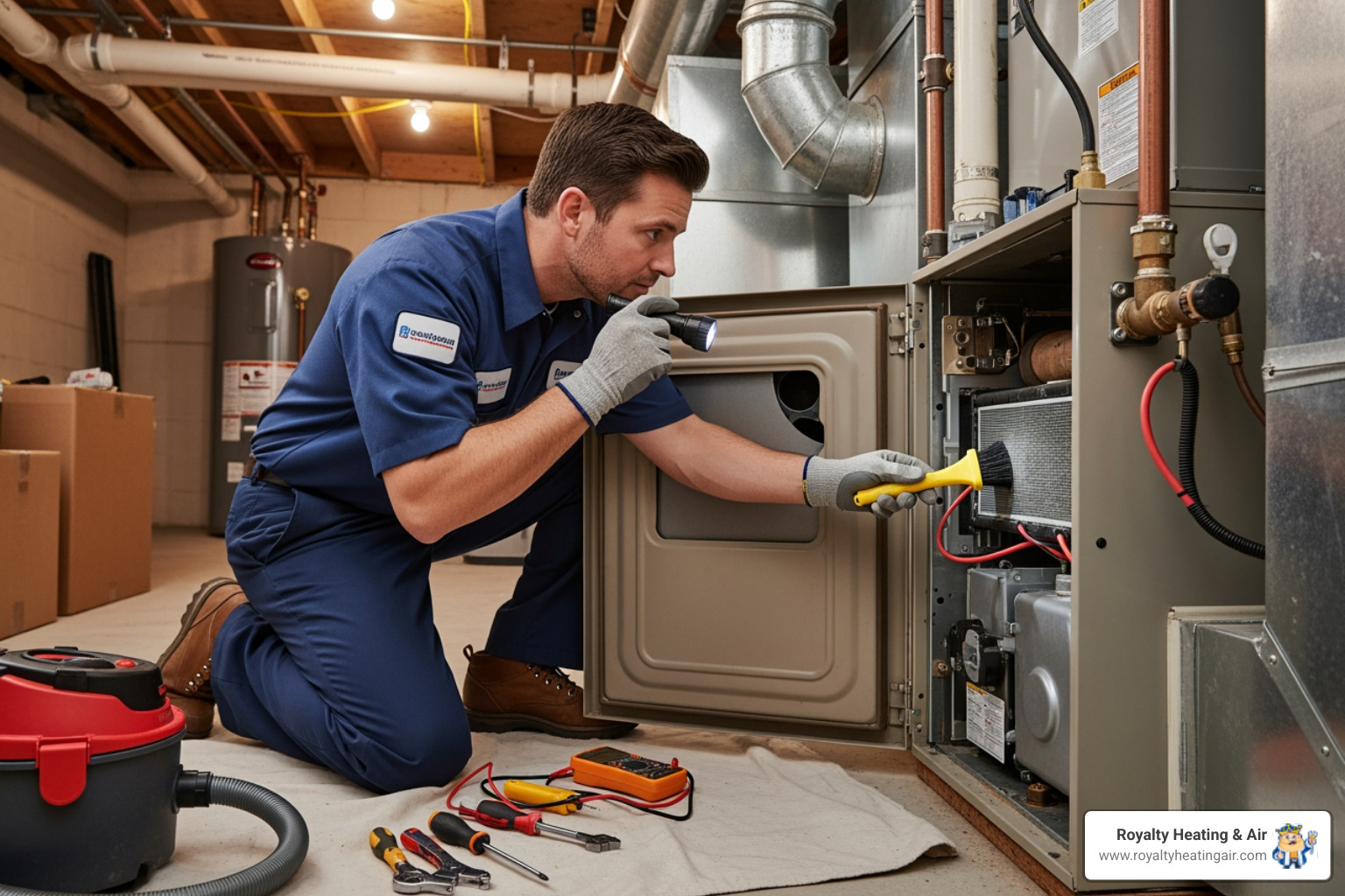 Technician performing furnace tune-up - heating blowing cold air in el dorado hills, ca