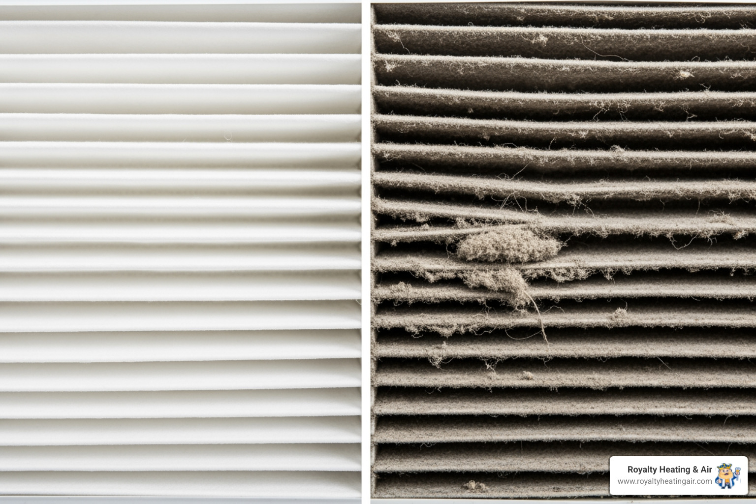 A split image showing a clean furnace filter on one side and a dirty, clogged furnace filter on the other - heating blowing cold air in granite bay, ca A split image showing a clean furnace filter on one side and a dirty, clogged furnace filter on the other - heating blowing cold air in granite bay, ca