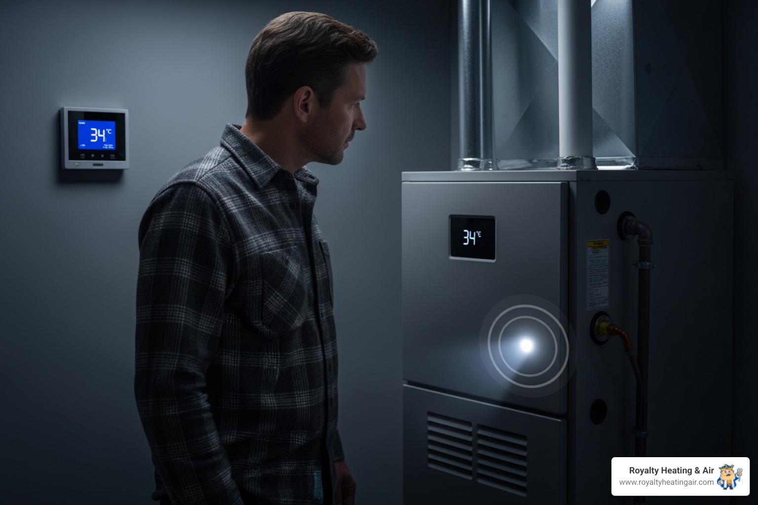 infographic showing three critical heating emergency warning signs: a home with no heat and a thermostat reading low temperature, a gas smell represented by wavy lines near a furnace, and loud mechanical noises illustrated with sound waves coming from a heating unit - emergency heating in rocklin, ca