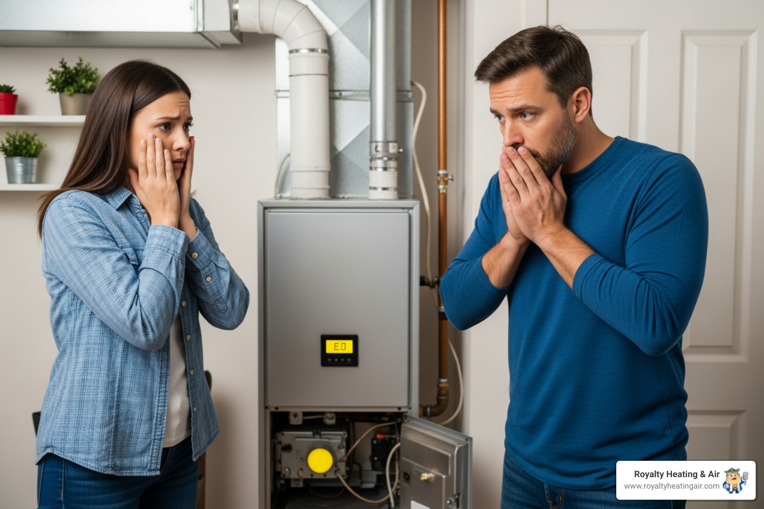 infographic showing the top 5 signs a furnace needs immediate repair including no heat production, strange noises like grinding or screeching, gas or burning smells, carbon monoxide alarm activation, and yellow pilot light instead of blue flame - 24 hour furnace maintenance in roseville, ca