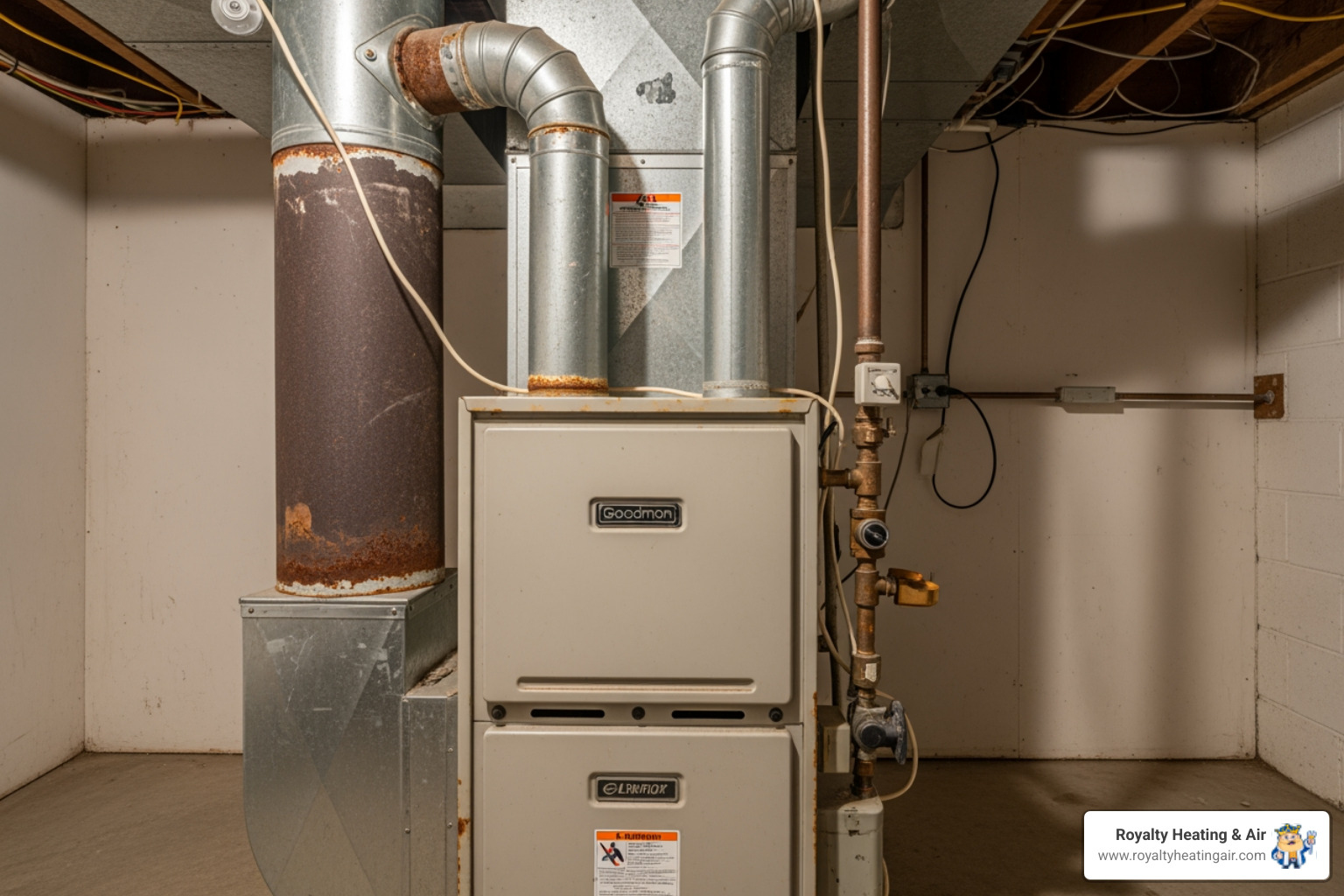 Infographic showing key signs it's time for furnace replacement: unit age over 15 years, frequent repairs costing more than 50% of replacement value, yellow or flickering pilot light, rising energy bills without usage increase, uneven heating throughout home, strange noises like banging or rattling, and visible rust or cracks on unit - affordable furnace replacement in lincoln, ca Infographic showing key signs it's time for furnace replacement: unit age over 15 years, frequent repairs costing more than 50% of replacement value, yellow or flickering pilot light, rising energy bills without usage increase, uneven heating throughout home, strange noises like banging or rattling, and visible rust or cracks on unit - affordable furnace replacement in lincoln, ca