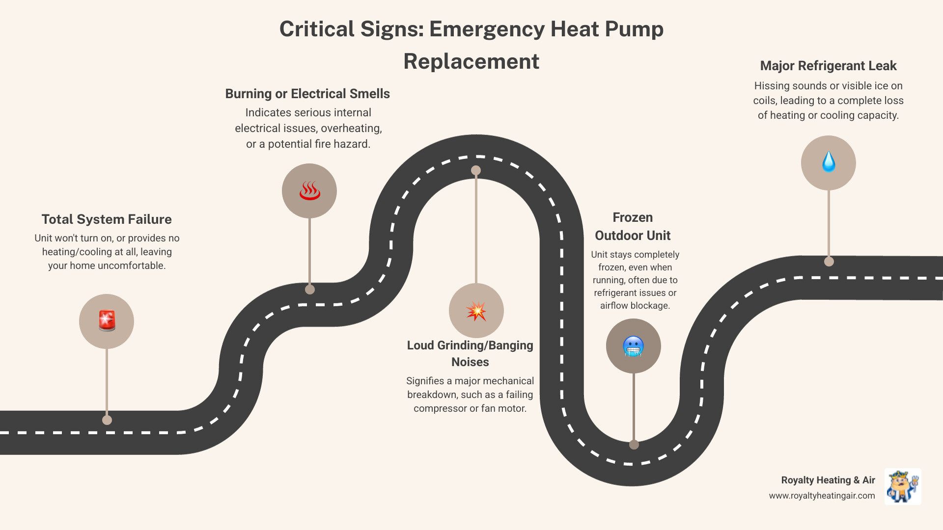 Emergency Heat Pump Replacement Decision Guide: Shows 5 critical signs requiring immediate replacement - complete system failure with no power, strong burning or electrical odors, major refrigerant leak with hissing sounds, frozen outdoor unit that won't defrost, and repeated emergency repairs in the past 6 months. Includes decision tree for repair vs replace based on system age and severity. - emergency heat pump replacement in rocklin, ca infographic roadmap-5-steps Emergency Heat Pump Replacement Decision Guide: Shows 5 critical signs requiring immediate replacement - complete system failure with no power, strong burning or electrical odors, major refrigerant leak with hissing sounds, frozen outdoor unit that won't defrost, and repeated emergency repairs in the past 6 months. Includes decision tree for repair vs replace based on system age and severity. - emergency heat pump replacement in rocklin, ca infographic roadmap-5-steps