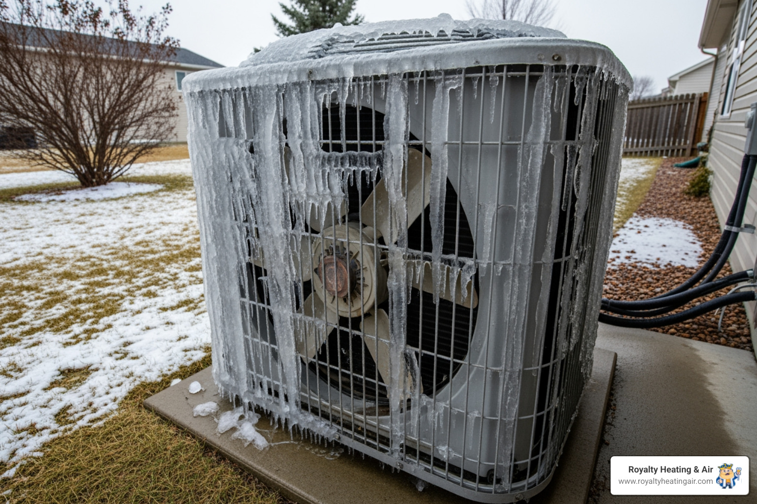 Infographic showing emergency heat pump warning signs: frozen outdoor unit with ice buildup, strange grinding or squealing noises, insufficient heating or cooling output, sudden spike in energy bills, frequent on-off cycling, and emergency contact information - emergency heat pump in roseville, ca