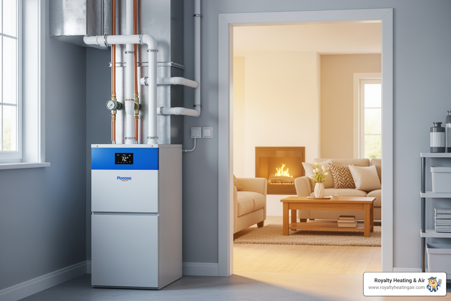 Infographic showing three main benefits of new furnace installation: 1) Energy Efficiency - High AFUE ratings reduce utility bills by up to 30%, 2) Improved Comfort - Even heating eliminates cold spots and temperature swings, 3) Enhanced Safety - Modern furnaces include advanced safety features and proper ventilation to protect your family from carbon monoxide risks - furnace installation in rocklin, ca