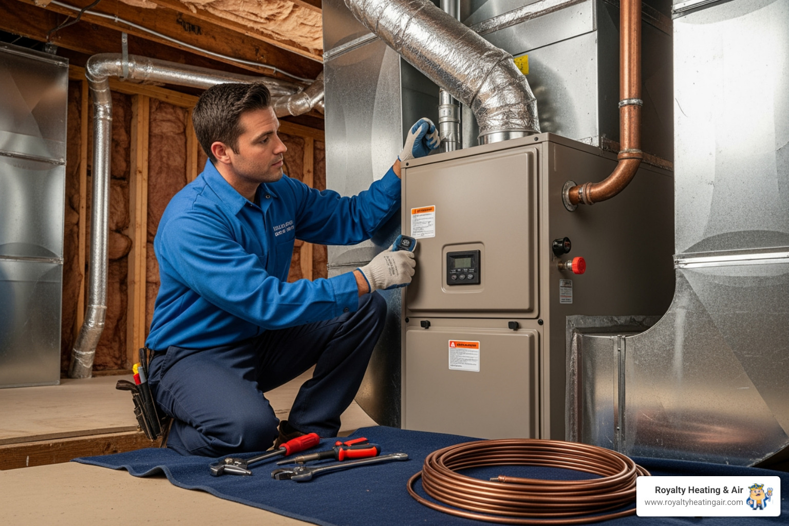 infographic showing the key benefits of professional furnace installation including proper sizing calculations, safety code compliance, warranty protection, energy efficiency ratings, ductwork integration, post-installation testing, and long-term maintenance support - best furnace installation in rocklin, ca