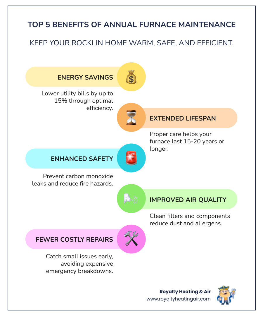 Infographic showing the top 5 benefits of annual furnace maintenance: improved energy efficiency, extended equipment lifespan, enhanced safety through carbon monoxide and gas leak checks, better indoor air quality, and fewer costly emergency repairs - affordable furnace maintenance in rocklin, ca infographic infographic-line-5-steps-colors Infographic showing the top 5 benefits of annual furnace maintenance: improved energy efficiency, extended equipment lifespan, enhanced safety through carbon monoxide and gas leak checks, better indoor air quality, and fewer costly emergency repairs - affordable furnace maintenance in rocklin, ca infographic infographic-line-5-steps-colors