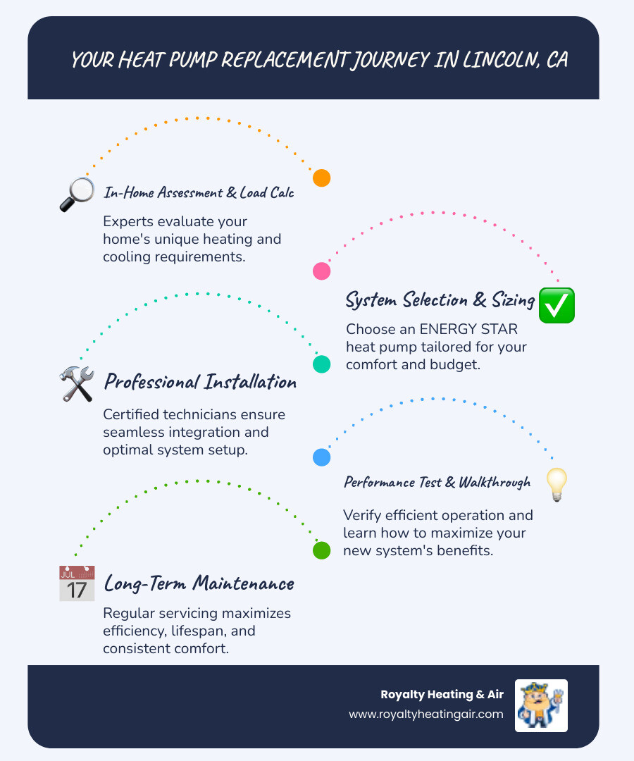 Infographic showing the heat pump replacement process in Lincoln CA: Step 1 - Free in-home assessment and load calculation; Step 2 - System selection based on home size and efficiency needs; Step 3 - Professional installation including removal of old unit, electrical work, and ductwork inspection; Step 4 - Performance testing and homeowner walkthrough; Step 5 - Ongoing maintenance to maximize 12-20 year lifespan. Includes icons for energy savings, year-round comfort, and available SMUD rebates. - heat pump replacement lincoln ca infographic infographic-line-5-steps-blues-accent_colors Infographic showing the heat pump replacement process in Lincoln CA: Step 1 - Free in-home assessment and load calculation; Step 2 - System selection based on home size and efficiency needs; Step 3 - Professional installation including removal of old unit, electrical work, and ductwork inspection; Step 4 - Performance testing and homeowner walkthrough; Step 5 - Ongoing maintenance to maximize 12-20 year lifespan. Includes icons for energy savings, year-round comfort, and available SMUD rebates. - heat pump replacement lincoln ca infographic infographic-line-5-steps-blues-accent_colors