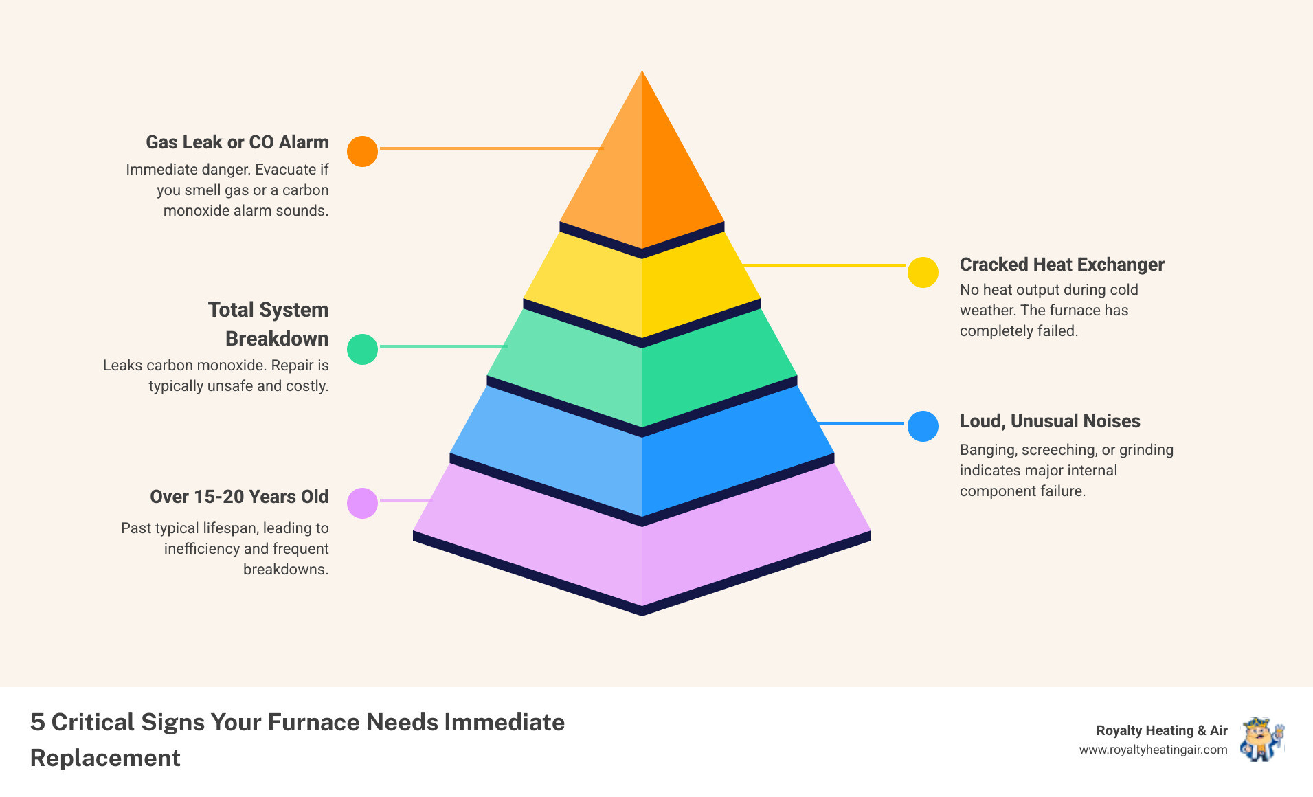 Infographic showing 5 critical signs your furnace needs immediate replacement: furnace age over 15-20 years, complete system failure with no heat, gas smell or carbon monoxide detector alarm, cracked heat exchanger, and loud banging or screeching noises - 24 hour furnace replacement in rocklin, ca infographic pyramid-hierarchy-5-steps Infographic showing 5 critical signs your furnace needs immediate replacement: furnace age over 15-20 years, complete system failure with no heat, gas smell or carbon monoxide detector alarm, cracked heat exchanger, and loud banging or screeching noises - 24 hour furnace replacement in rocklin, ca infographic pyramid-hierarchy-5-steps
