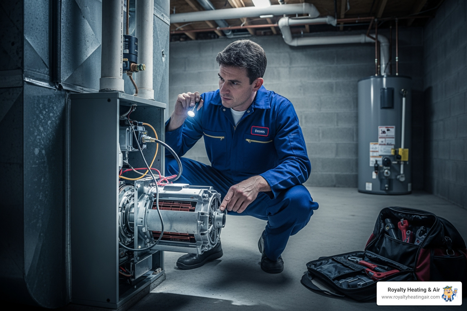 Infographic showing the most common causes of a humming furnace blower motor: failing motor bearings, unbalanced blower wheel, bad run capacitor, obstructed airflow, and electrical issues, with icons for each cause and brief descriptions of how they affect system performance - "My furnace blower motor is making a loud humming noise. Who can I call for a repair in the Granite Bay area?"