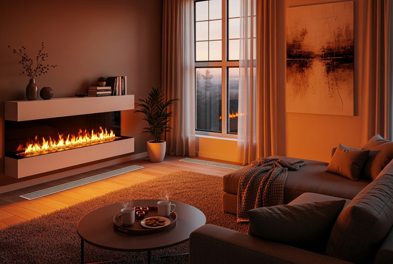 comfortable living room with warm lighting and modern heating system - heating company in roseville, ca