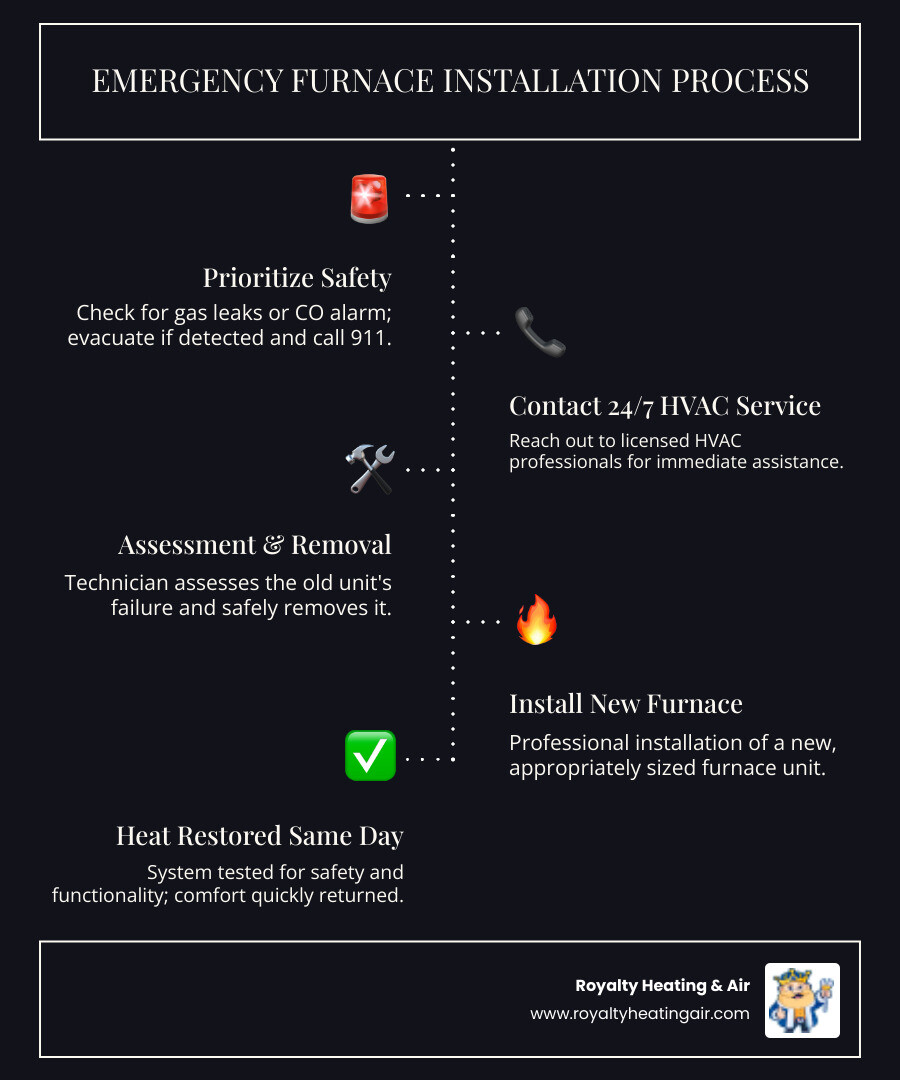 Emergency Furnace Installation Process: 1. Immediate safety check for gas leaks or CO, 2. Contact 24/7 HVAC service, 3. Technician assessment within 1-2 hours, 4. Safe removal of failed unit, 5. New furnace sizing and selection, 6. Professional installation and testing, 7. Heat restored same day - emergency furnace installation in rocklin, ca infographic infographic-line-5-steps-dark Emergency Furnace Installation Process: 1. Immediate safety check for gas leaks or CO, 2. Contact 24/7 HVAC service, 3. Technician assessment within 1-2 hours, 4. Safe removal of failed unit, 5. New furnace sizing and selection, 6. Professional installation and testing, 7. Heat restored same day - emergency furnace installation in rocklin, ca infographic infographic-line-5-steps-dark