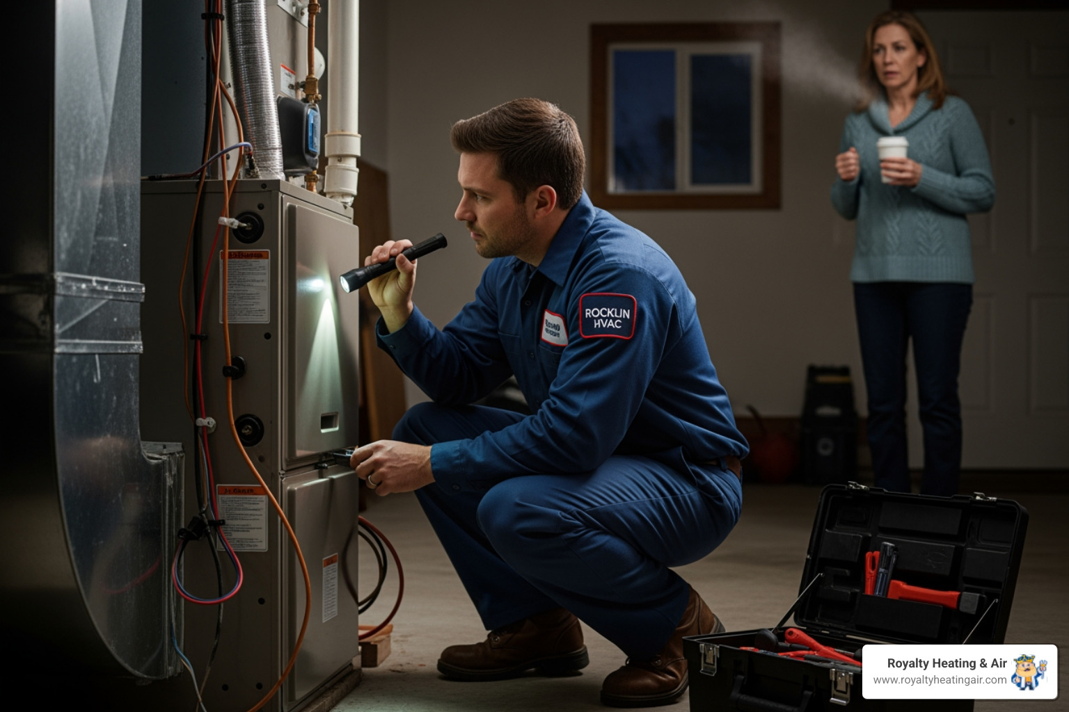 Infographic showing five critical heating emergency warning signs: 1. No heat or insufficient warmth with thermostat error display, 2. Unusual loud noises like banging or grinding from unit, 3. Strange odors including burning smell or rotten egg gas smell, 4. Yellow pilot light instead of blue flame, 5. Carbon monoxide detector alarm activation with evacuation arrow - emergency heating service in rocklin, ca Infographic showing five critical heating emergency warning signs: 1. No heat or insufficient warmth with thermostat error display, 2. Unusual loud noises like banging or grinding from unit, 3. Strange odors including burning smell or rotten egg gas smell, 4. Yellow pilot light instead of blue flame, 5. Carbon monoxide detector alarm activation with evacuation arrow - emergency heating service in rocklin, ca