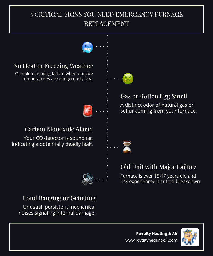 Infographic showing 5 critical signs you need emergency furnace replacement: 1. Complete heating failure in freezing weather, 2. Gas or rotten egg smell near furnace, 3. Carbon monoxide detector alarming, 4. Furnace age exceeding 15-17 years with major failure, 5. Loud grinding or banging noises indicating mechanical breakdown - emergency furnace installation in roseville, ca infographic infographic-line-5-steps-dark Infographic showing 5 critical signs you need emergency furnace replacement: 1. Complete heating failure in freezing weather, 2. Gas or rotten egg smell near furnace, 3. Carbon monoxide detector alarming, 4. Furnace age exceeding 15-17 years with major failure, 5. Loud grinding or banging noises indicating mechanical breakdown - emergency furnace installation in roseville, ca infographic infographic-line-5-steps-dark