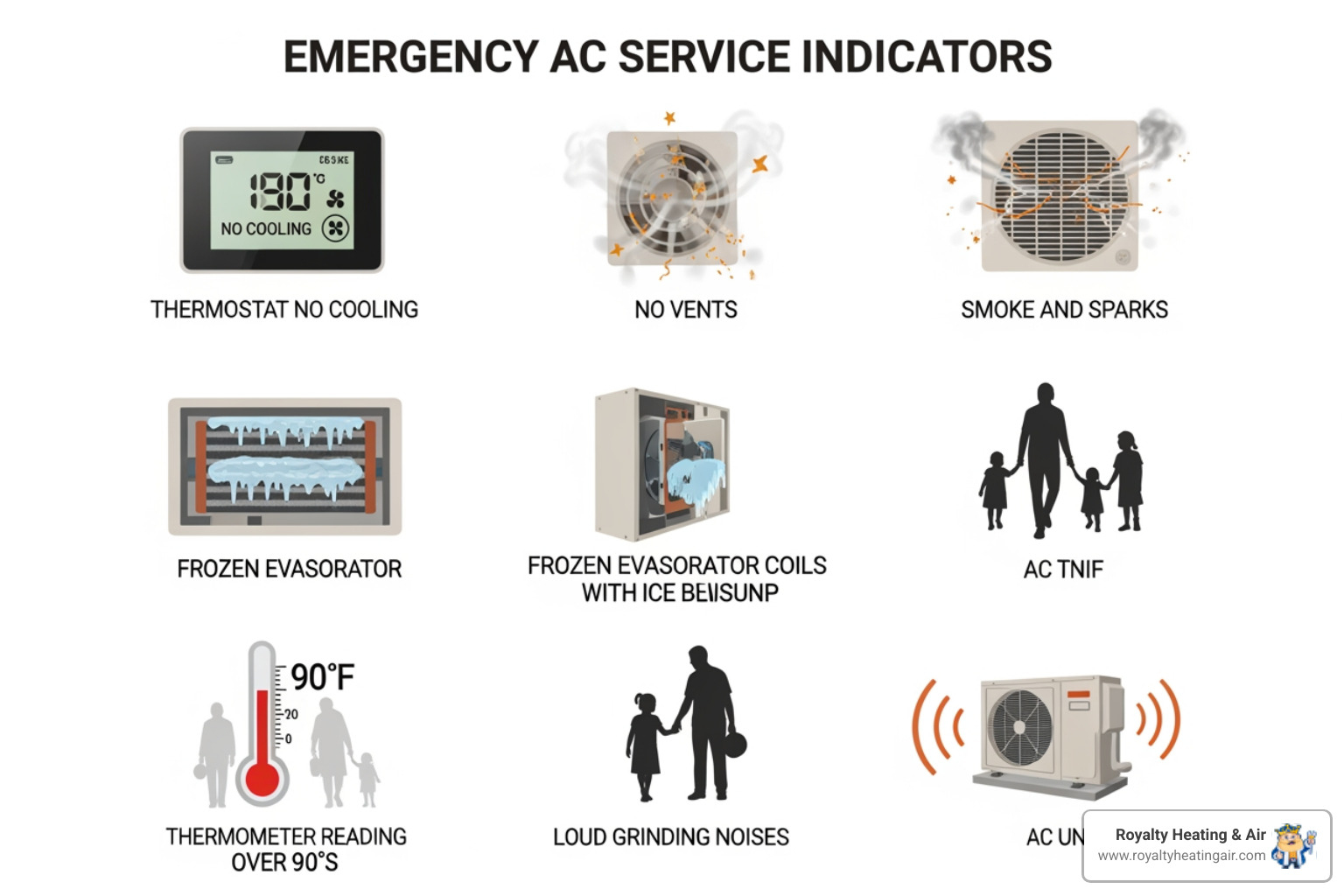infographic showing when to call for emergency AC service: no cooling after thermostat check, burning smells, sparks or smoke, frozen coils with ice buildup, temperatures above 90 degrees with vulnerable family members, loud grinding or screeching noises - 24 hour ac service in lincoln, ca infographic showing when to call for emergency AC service: no cooling after thermostat check, burning smells, sparks or smoke, frozen coils with ice buildup, temperatures above 90 degrees with vulnerable family members, loud grinding or screeching noises - 24 hour ac service in lincoln, ca