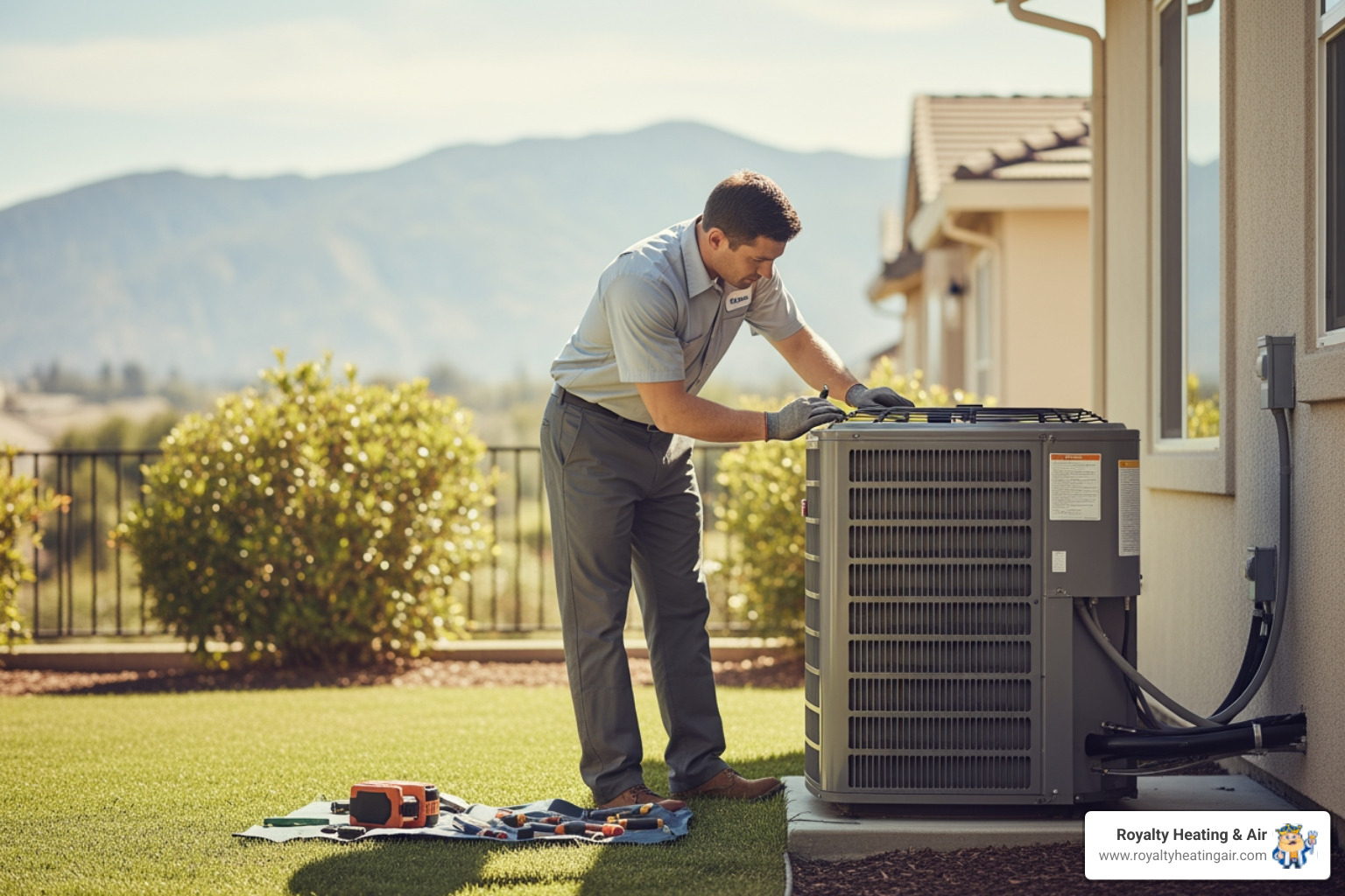 Technician inspecting an outdoor AC condenser unit in a Granite Bay backyard - ac service granite bay ca