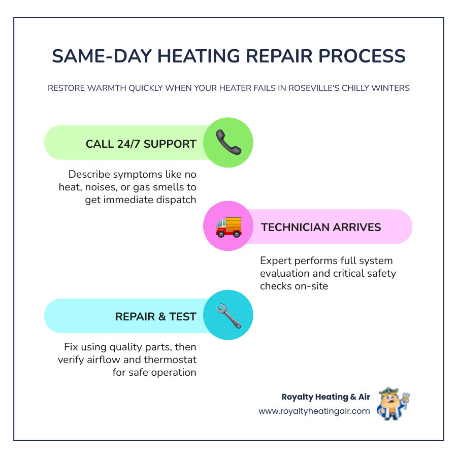 Infographic showing the same-day heating repair process: 1) Call 24/7 live support, 2) Technician arrives with fully stocked truck, 3) Complete system evaluation and safety checks, 4) Transparent estimate before work begins, 5) Repair using OEM parts, 6) Re-test system for proper airflow and thermostat response - same day heating service in roseville, ca infographic infographic-line-3-steps-colors Infographic showing the same-day heating repair process: 1) Call 24/7 live support, 2) Technician arrives with fully stocked truck, 3) Complete system evaluation and safety checks, 4) Transparent estimate before work begins, 5) Repair using OEM parts, 6) Re-test system for proper airflow and thermostat response - same day heating service in roseville, ca infographic infographic-line-3-steps-colors