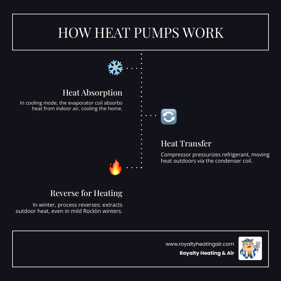Infographic showing heat pump refrigeration cycle, dual heating and cooling function, efficiency ratings, and Rocklin