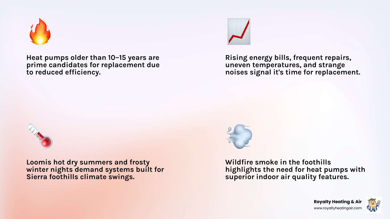 Infographic: Signs you need heat pump replacement in Loomis CA, replacement timeline, and efficiency benefits - heat pump Infographic: Signs you need heat pump replacement in Loomis CA, replacement timeline, and efficiency benefits - heat pump