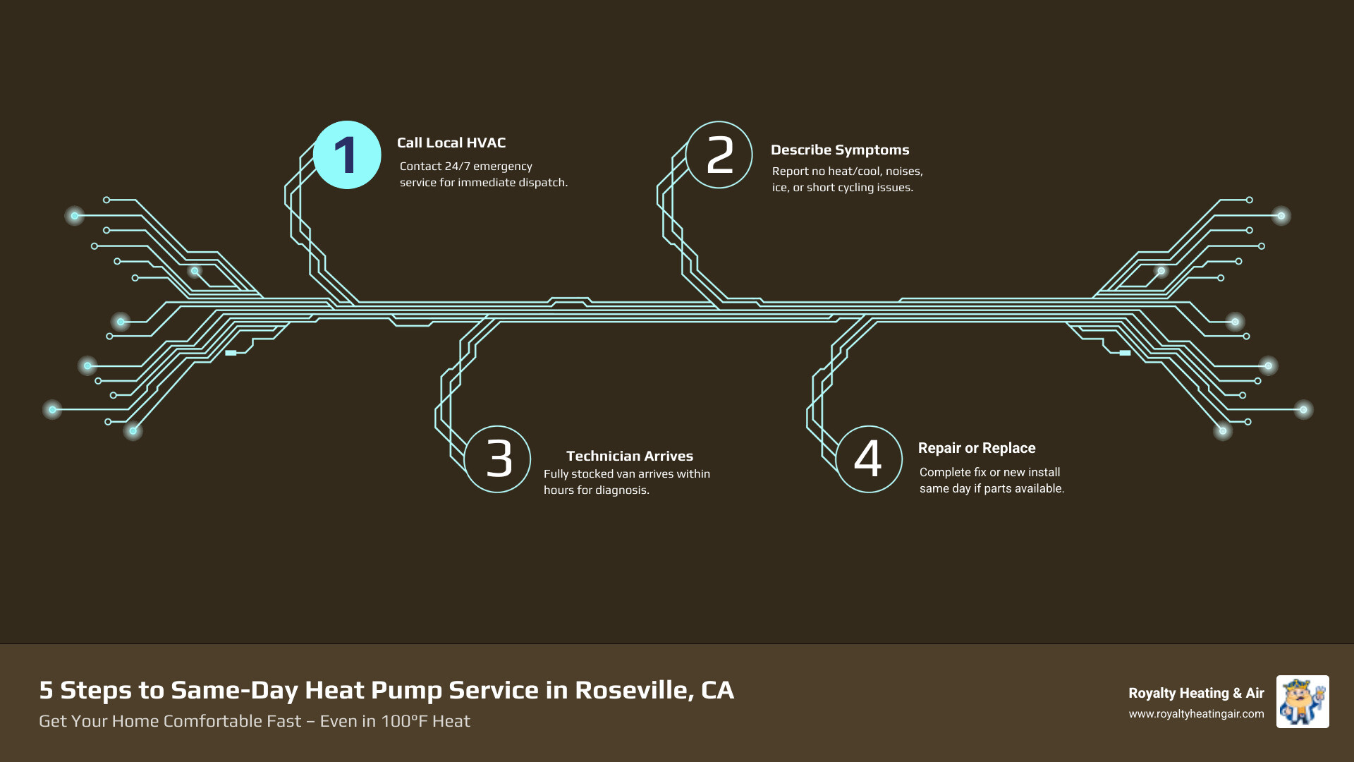 Infographic showing 5 steps to get same-day heat pump service in Roseville CA with summer and winter heat transfer modes