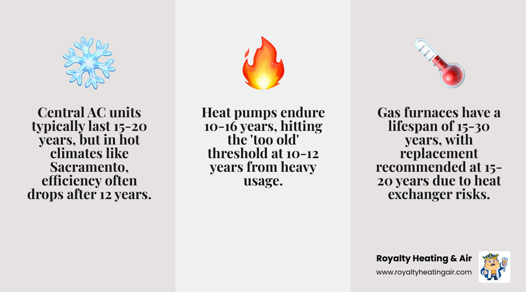 Infographic showing average HVAC lifespan by equipment type with replacement age thresholds - how old is too old for an hvac
