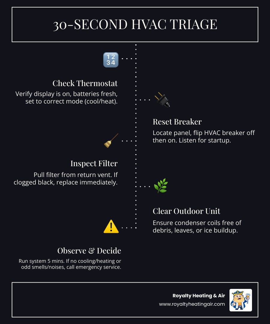 Infographic showing 30-second HVAC triage: check thermostat, breaker, filter, outdoor unit - when an hvac failure is a true Infographic showing 30-second HVAC triage: check thermostat, breaker, filter, outdoor unit - when an hvac failure is a true