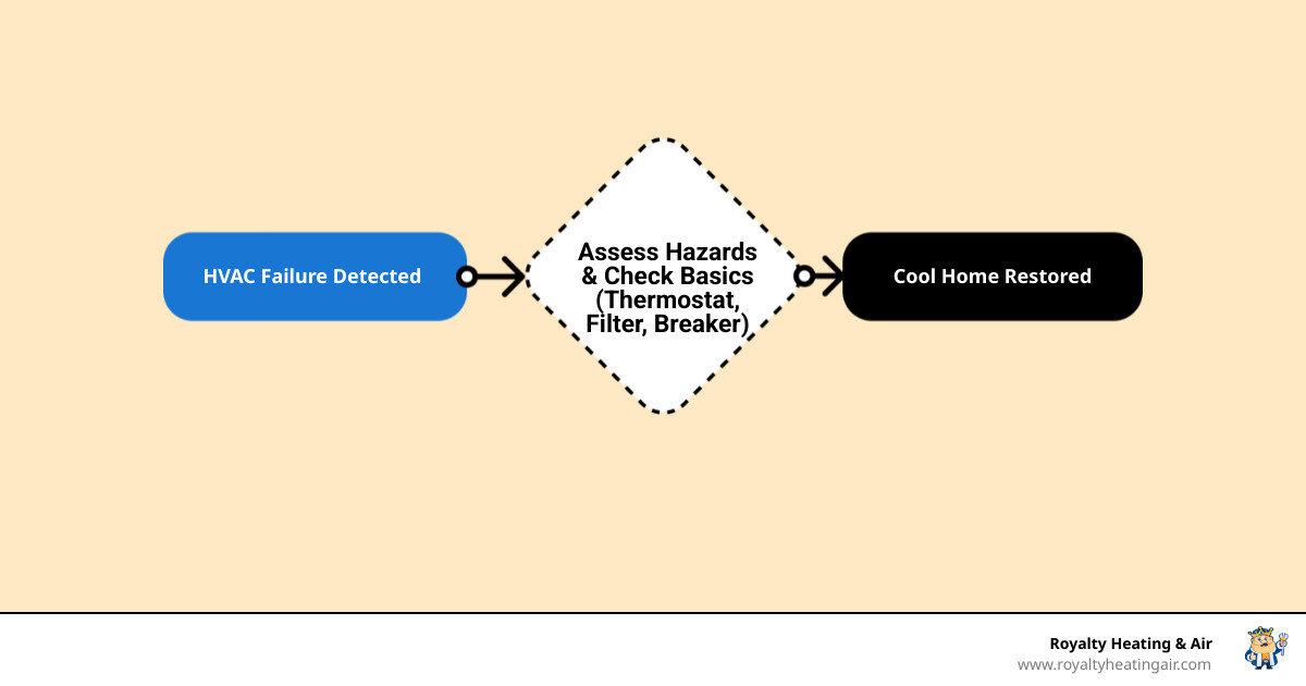 Emergency HVAC response timeline infographic for Sacramento homeowners: check basics, assess hazards, call for help, stay Emergency HVAC response timeline infographic for Sacramento homeowners: check basics, assess hazards, call for help, stay