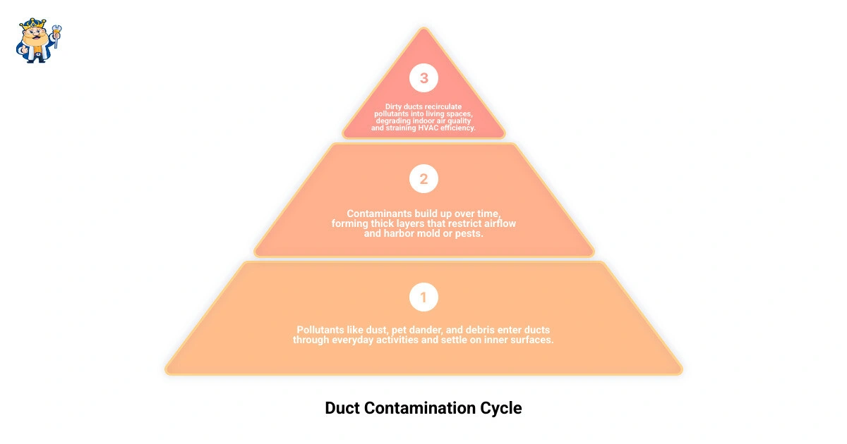 Infographic showing the duct contamination cycle: pollutants enter ducts, build up over time, and recirculate into living Infographic showing the duct contamination cycle: pollutants enter ducts, build up over time, and recirculate into living